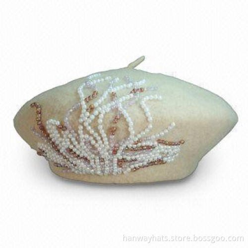 Women's Wool Knit Hat, Beret Style, Pearl Flower, Available in Various Colors